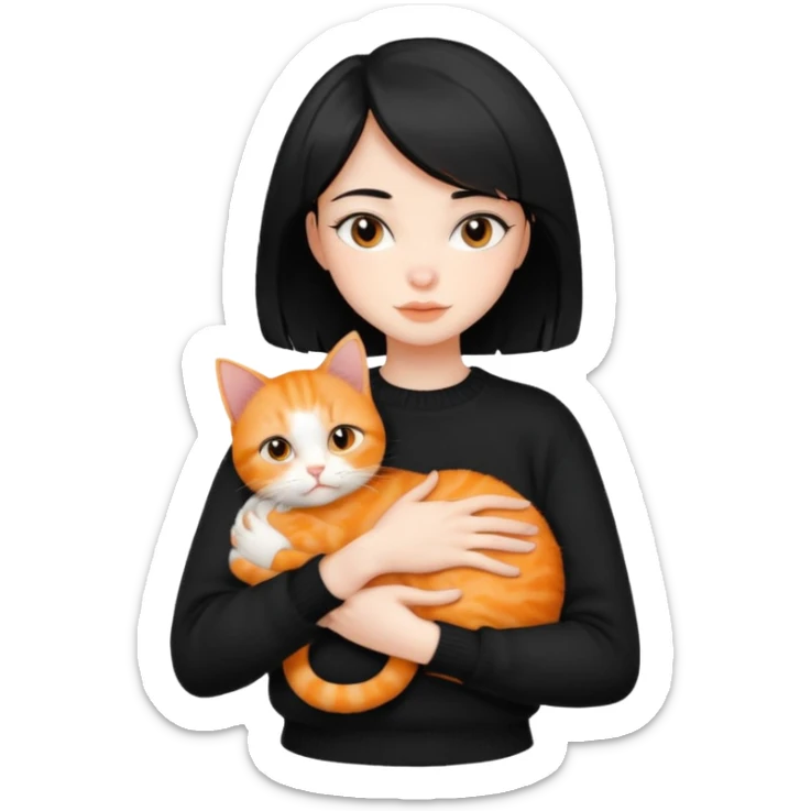 A beautiful girl with short black hair in a black sweater holds a orange cat in her arms sticker