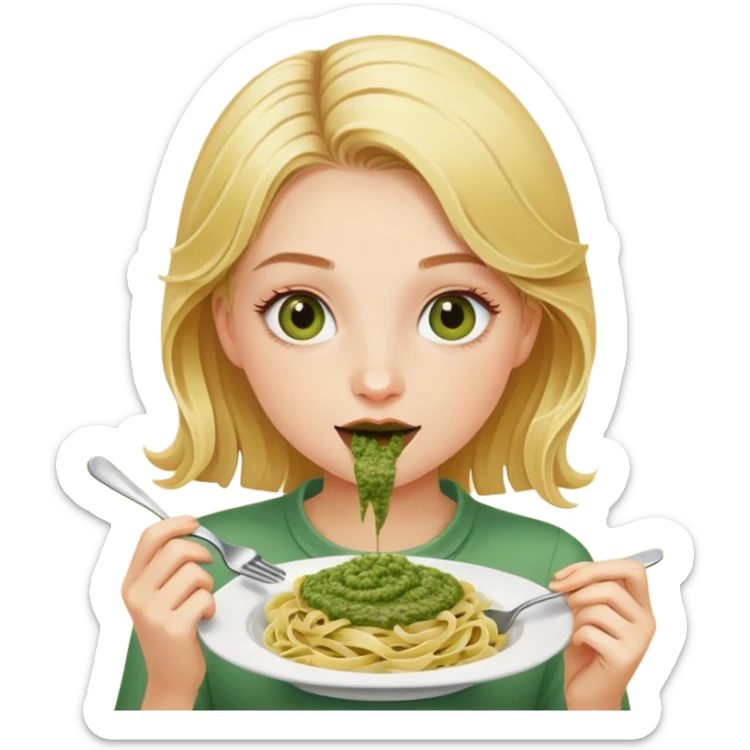 A blond girl with hazel eyes eating pasta pesto (she is very pretty) sticker