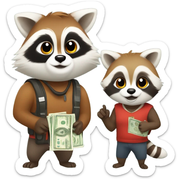 1 male raccoon and 1 female red panda each holding a bag of cash sticker
