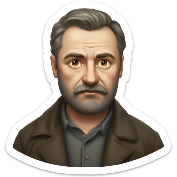 Russian writer Alexander Kuprin Photorealism A plump serious man of Slavic appearance with Small eyes with beard and mustache, with a  short haircut, big detailed face, wrinkled face sticker