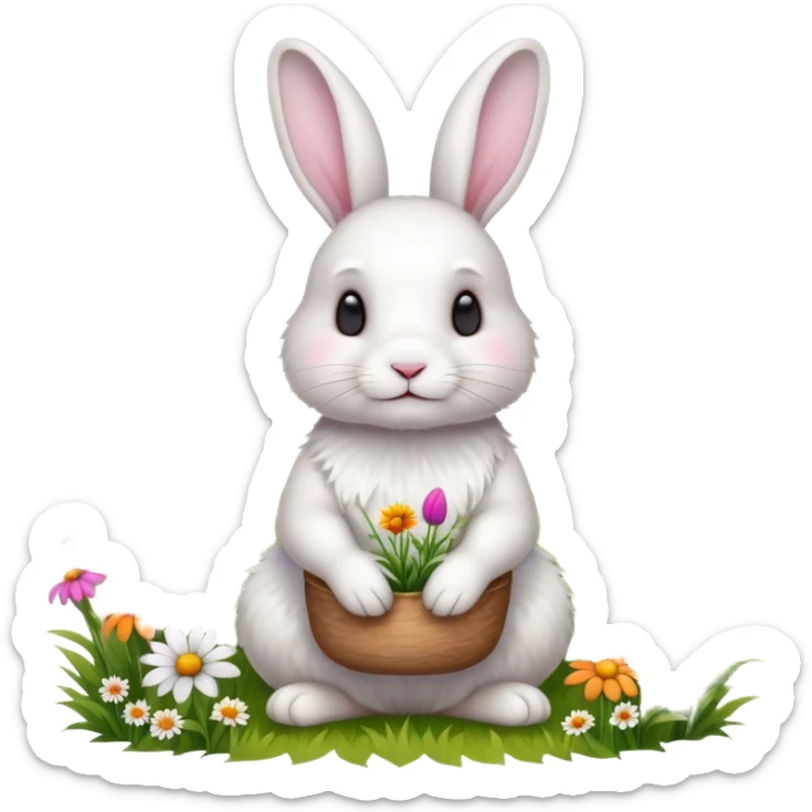 A fluffy white rabbit sitting in a meadow full of colorful flowers, ultra-realistic, high detail, soft morning light sticker