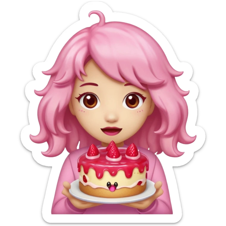 kawaii  woman holding pink runny gooey strawberry jam monster cake   sticker