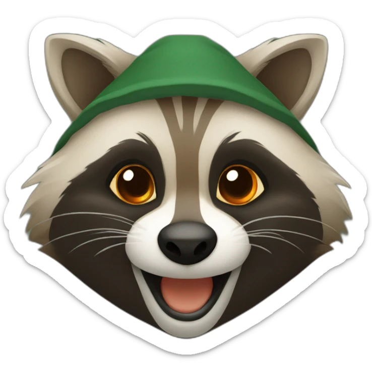 brown raccoon with orange eyes and a dark green hood that is laughing sticker