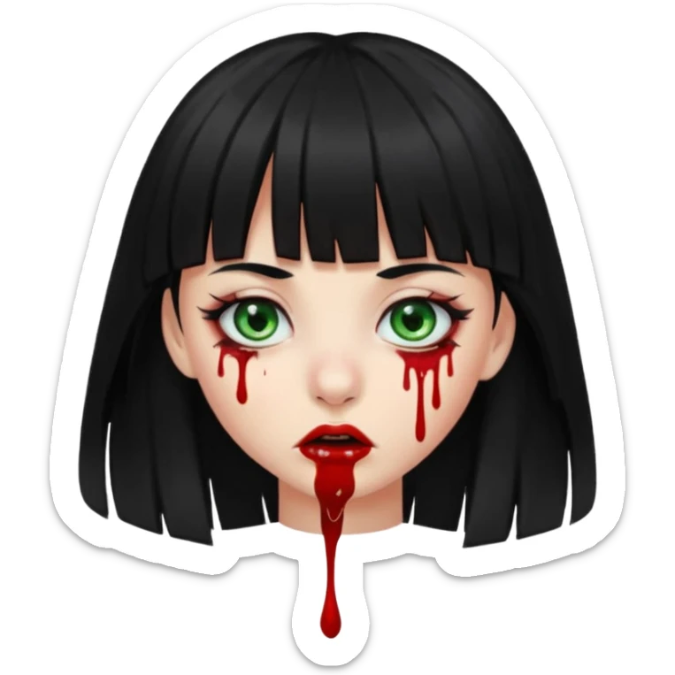 Guria com cabelo preto franjinha sangrando olhos verdes  fundo preto e um piercing bridgepiercing sticker