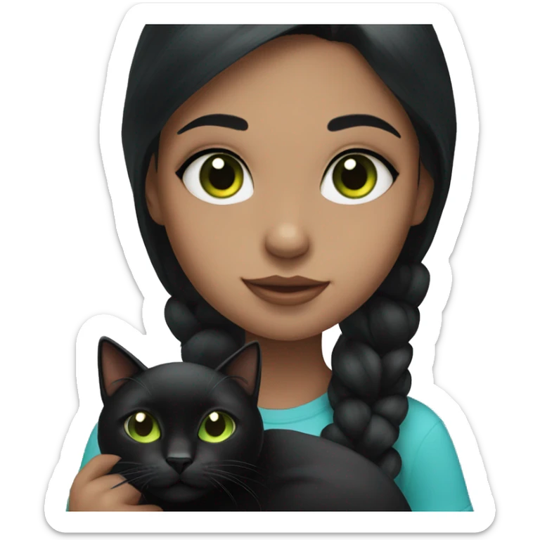 Girl with black hair and blue eyes holding a black cat with green eyes  sticker