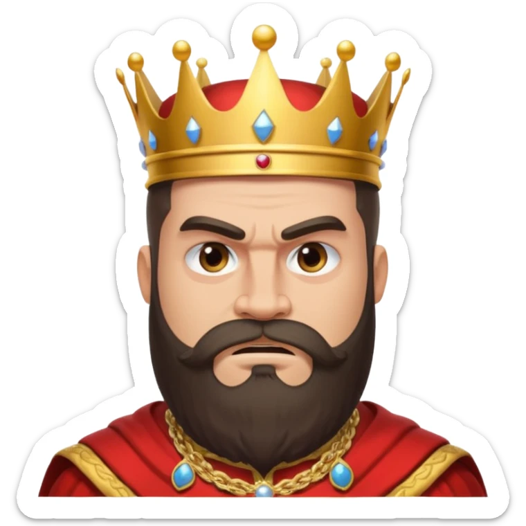 vull un perosnatge estil bimoji que sigui alt i fort amb una musculatura marcada i poderosa. Té una barba espessa i el cabell arriba fins a l'alçada del coll. Se'l representa amb la indumentària real i una corona al cap. Que tingui cara d'enfadat. sticker
