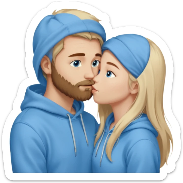 Long-pale-blonde hair, beautiful girl with blue eyes-wearing a light blue hoodie, facing, kissing brownish hair and beard boy blue eyed white guy sticker