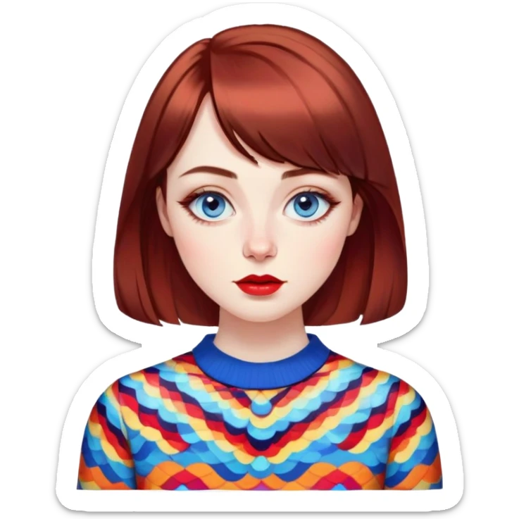 Artistic young woman with pale skin, oval face, large expressive blue eyes with eyeliner, thin arched eyebrows, small nose, full lips with red lipstick, dark auburn hair that's straight with slight waves at ends, straight bangs, wearing a bright colorful patterned top, warm creative expression sticker