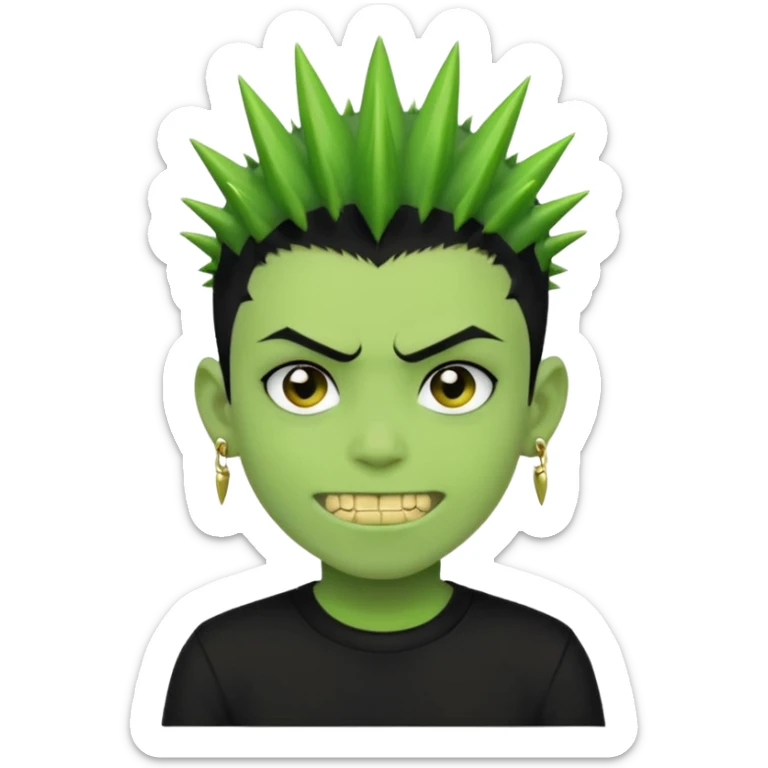 green zombie boy with spiky black emo hair and a black shirt with piercings and gold grilzz  sticker