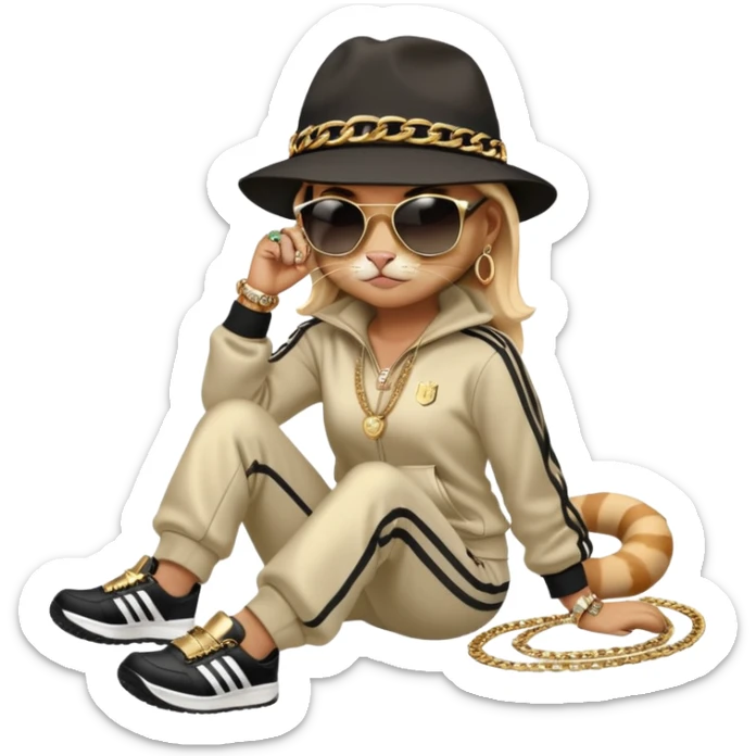 female cat dressed like Run DMC in tracksuit, fedora, Adidas shoes, dark sunglasses, lots of gold chains, rings, bracelets, earrings, lying on the ground after falling sticker