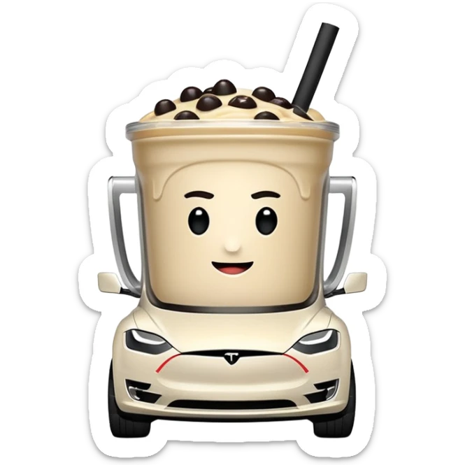 Boba tea in tesla, without a person and with the tesla logo keep the boba tea like that and make it the car and the boba tea how it was and cream boba tea just a little smaller to go on pinterest sticker
