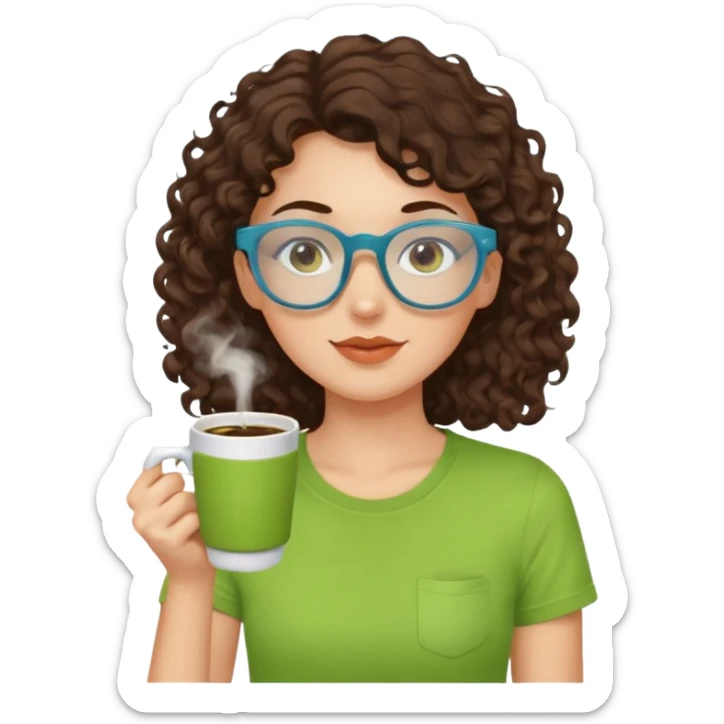 White girl with dark brown curly hair, brown eyes, sky blue glasses, apple green t shirt, drinking coffee sticker