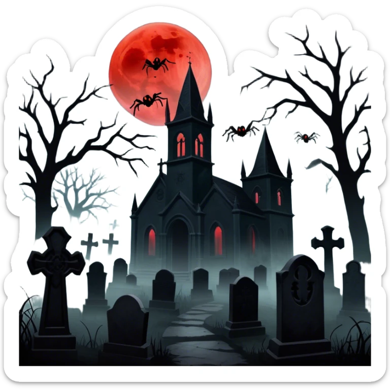 Icon for Horror Movies: A chilling collage with dark silhouettes of monstrous figures, eerie graveyards, and creepy elements like spiders and tombstones. Ghostly fog surrounds, with a blood-red moon in the sky. The mood is unsettling, eerie, and haunting. Transparent background. sticker