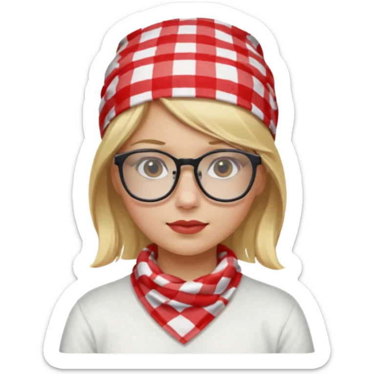 girl blonde hair, wear red and white checkered bandana, glasses sticker