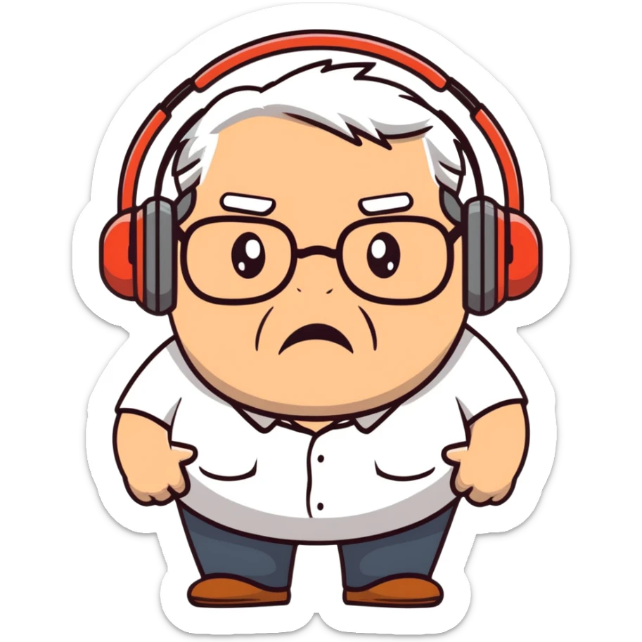Brown old man with medium white hair, wearing glasses and headphones, looking surprised and angry, no facial hair, chubby, looking to the upper left corner sticker