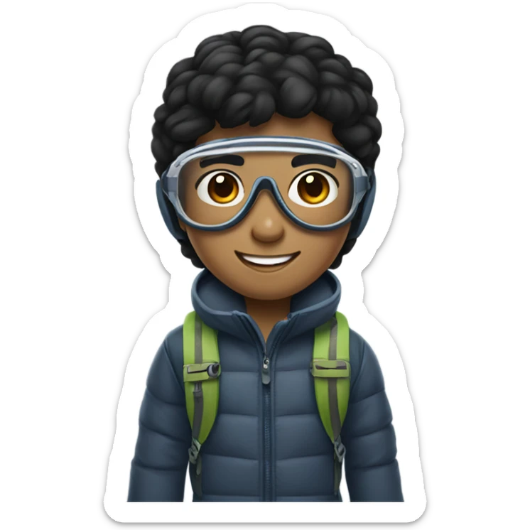 black hair smiling filipino boy with aviator glasses with skiing gear sticker