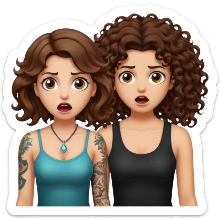 mutated crystal — long wavy brown hair tattooed woman and short tight curly brown hair woman — shocked reaction sticker