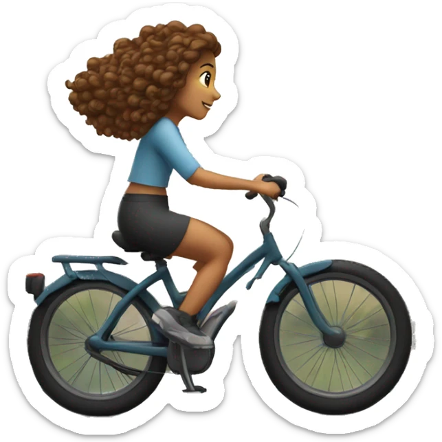 Fair looking girl with curly brown hair riding bicycle early in the morning with mountain in the background sticker