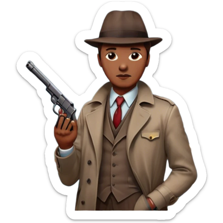 Icon for Detective Movie: A vintage movie poster-style design with a close-up of a detective holding a gun on a dark London street. The scene features a full moon, bloodstains on the pavement, and a mysterious atmosphere, evoking a classic noir detective thriller. Transparent background. sticker