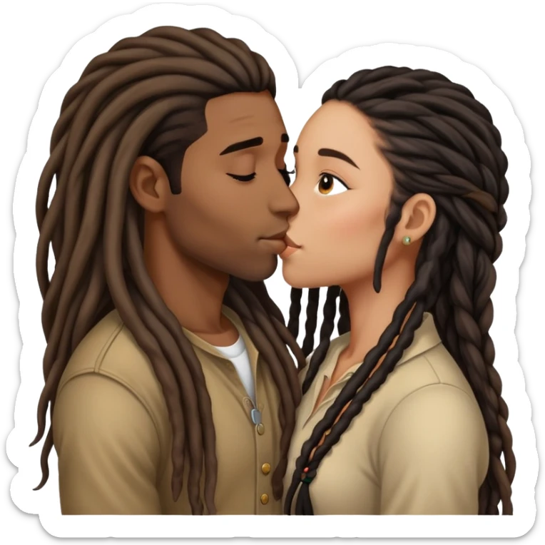 Latina Woman with long hair kissing a young black guy with dreads no beard sticker
