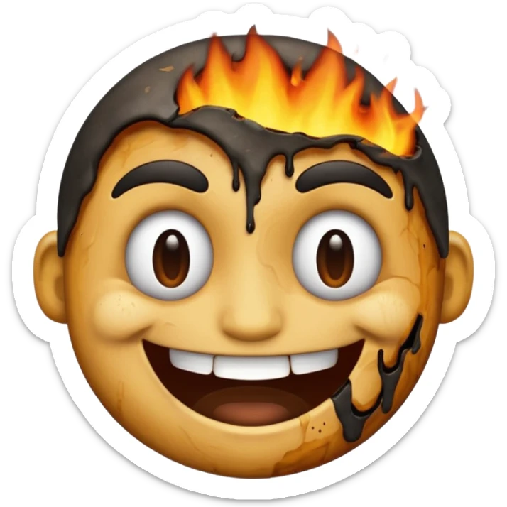 A emoji with half of his face burnt with the emoji having a big grin sticker