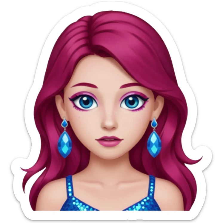 Chappell Roan (b.1998) with long dark red hair, pink sequin crop top, pink earring, blue eye, makeup sticker