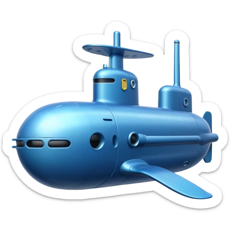A sleek blue military-style submarine with fins and sonar dish.















 sticker