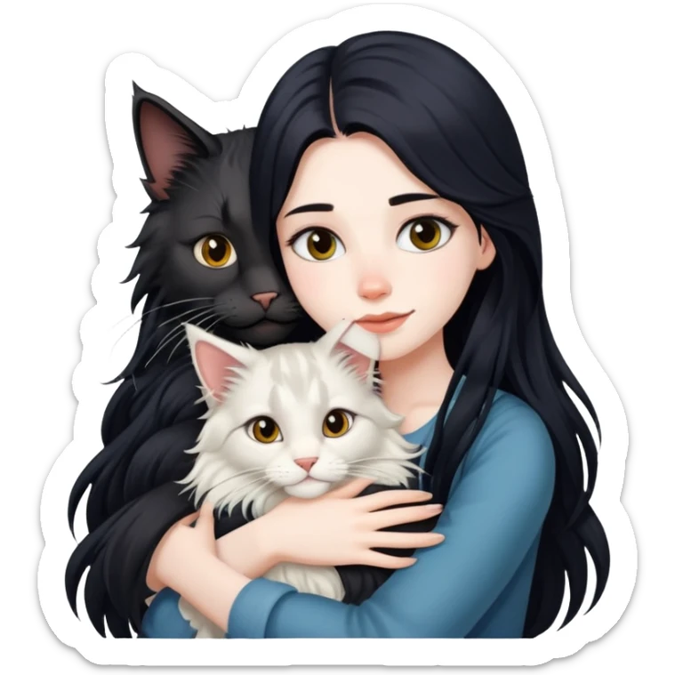 A beautiful girl with fair skin and long black hair hugs a Maine Coon girl sticker