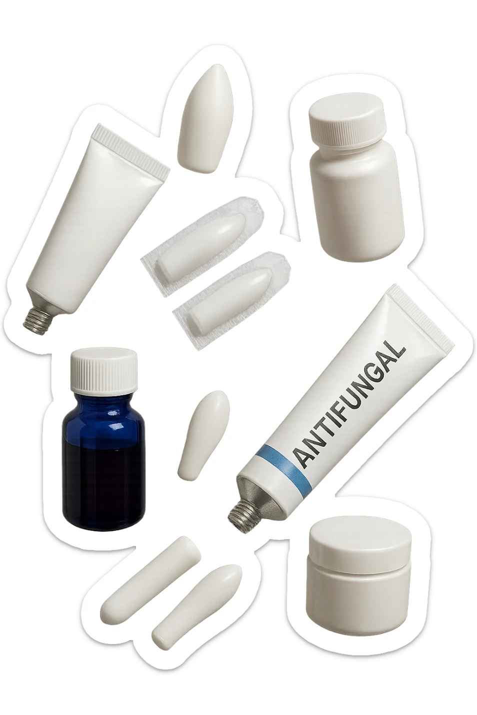 boccette di farmaci fluttuano in aria: creme, ovuli o antimicotici, IPERREALISTICO 4K sticker