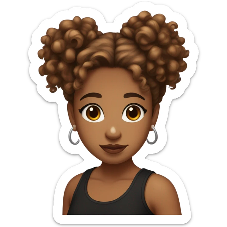 light brown girl with brown eyes, curly hair in a messy bun and two strand curly bangs wearing black tank top, freckles and beauty marks and long eyelashes, full lips sticker