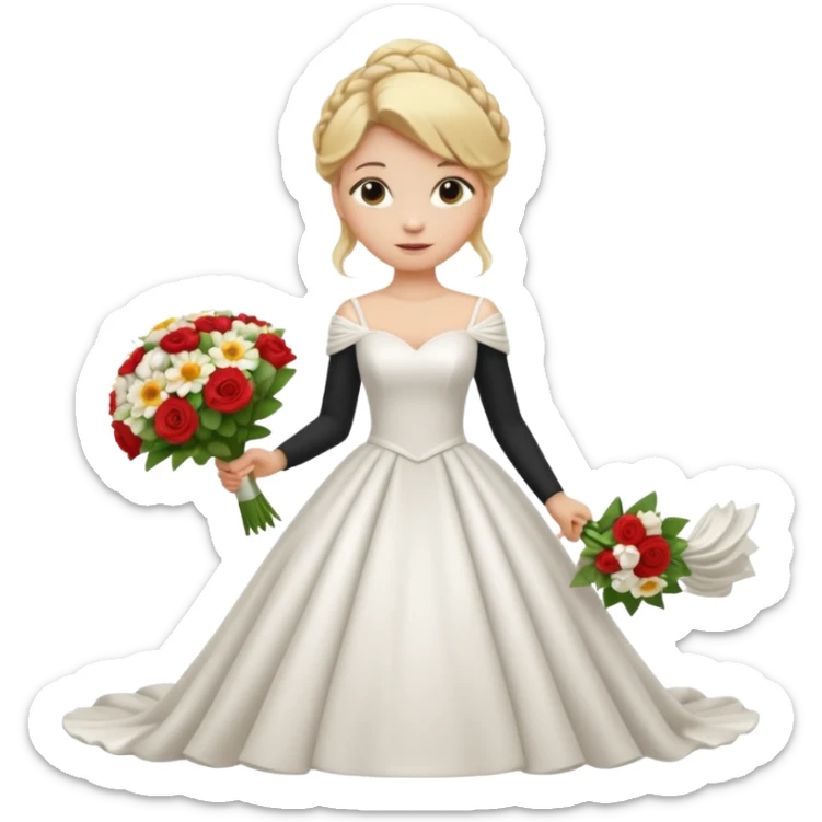 Chica blanca, cabello rubio, recogido en moño alto con mechones, vestido novia , cuerpo entero, ramo de flores en una mano, cola trasera sticker
