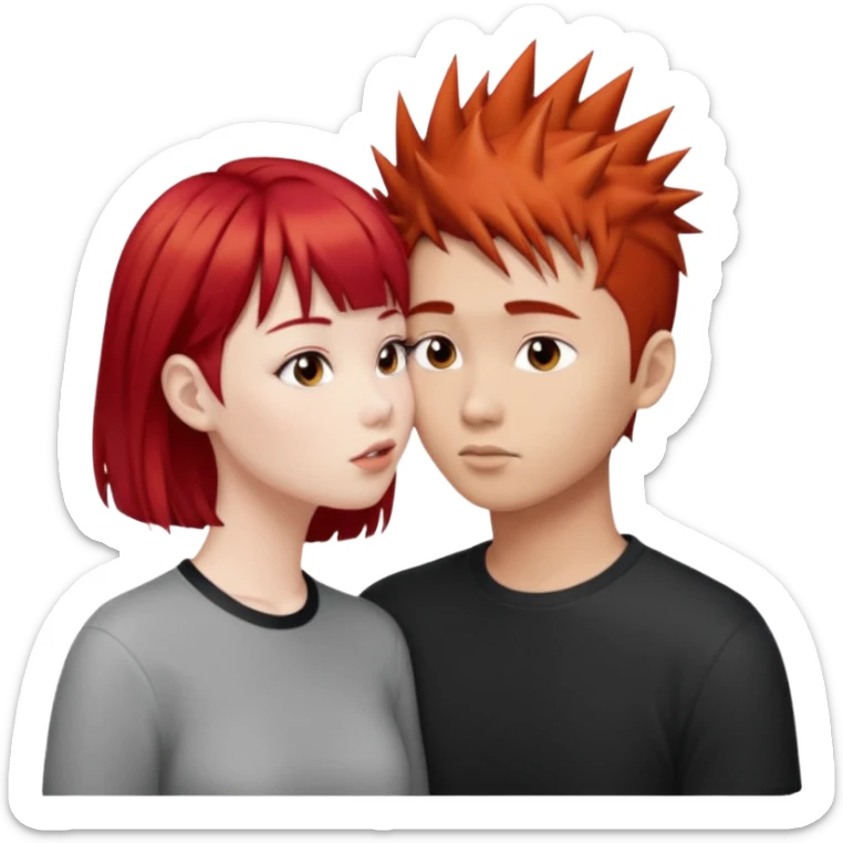 Asian Spiky short red hair  guy kissing redhead white girl with bangs sticker