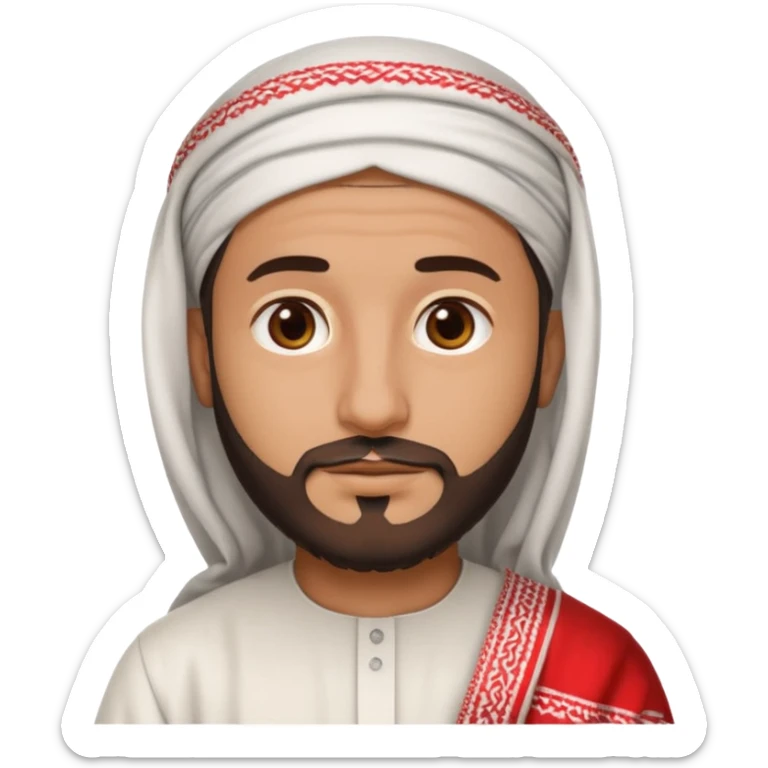 detailed iPhone-style emoji of a Saudi man with round cartoon face, short beard, brown eyes, wearing white thobe and red-and-white shemagh with black agal, both hands gently shown sticker