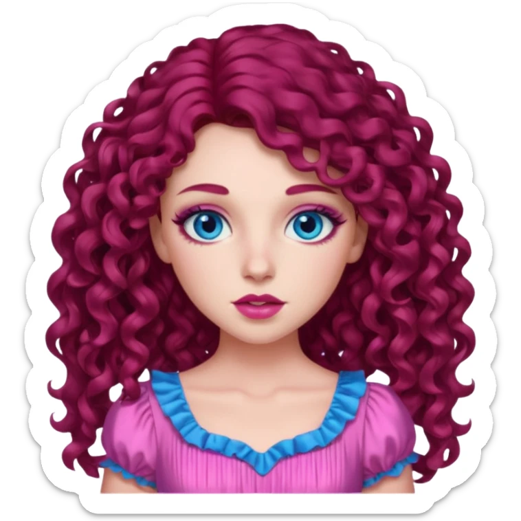 Chappell Roan long dark red curly hair, blue eyes, pink eyeshadow and lip, pink dress sticker
