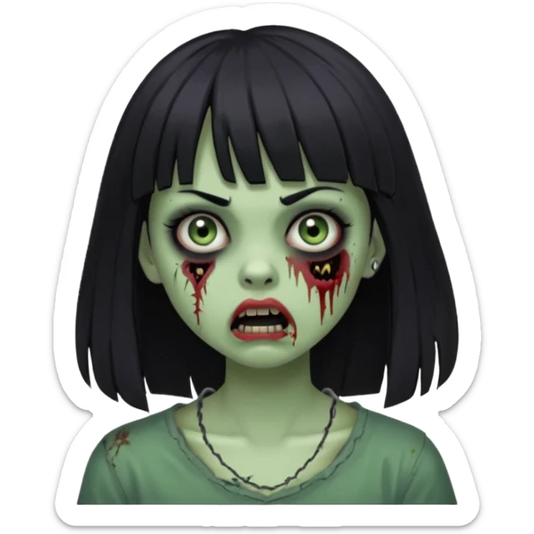 Girl with black hair and bangs, side mouth piercing scared in the form of a zombie sticker