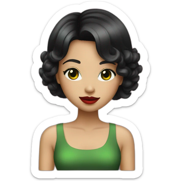 girl with green eyes and black short bob hair and red lipstick sticker