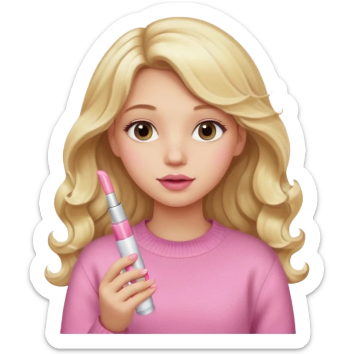 A long curled blonde haired  young girl with a pink sweater and holding a clear lip gloss sticker