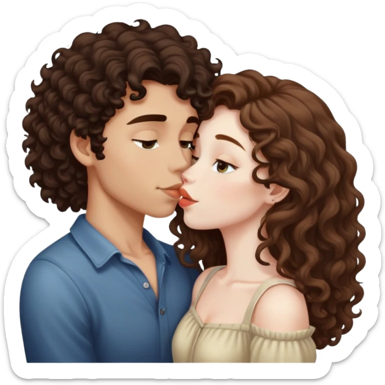 long light brown hair girl with pale skin and boy with dark curly hair and tanned skin kissing sticker