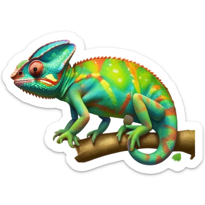 Giant chameleon on a branch, blending with vibrant greenery. Detailed scales in shifting colors, showing the chameleon’s ability to camouflage. Soft natural light highlights its texture. Nature background with leafs aтв адщцукы. Lush jungle background with vivid foliage, transparent background. sticker