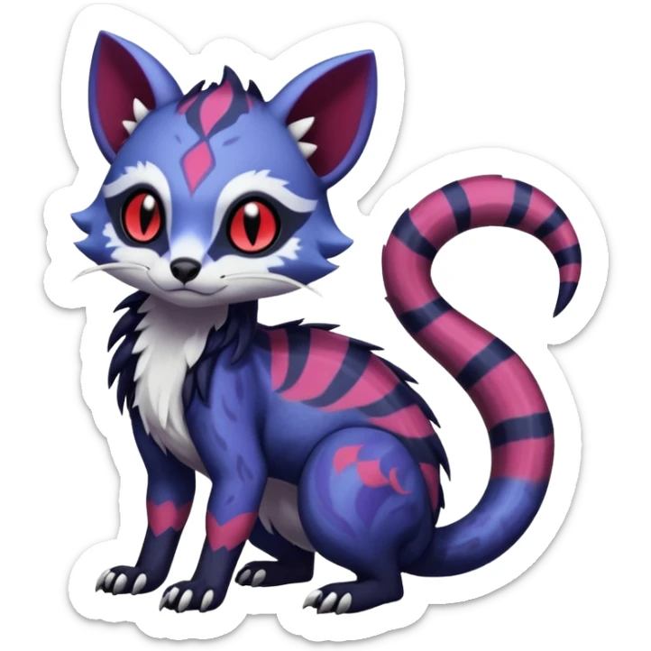 Rare warm-colored exotic gloomy tropical edgy cute epic aesthetic spooky indigo purple white black red gothic colorful Salandit-Furret-Espurr-Meowstic-Civet-species-Fakemon-hybrid-creature, with tribal tattoo markings, full body sticker
