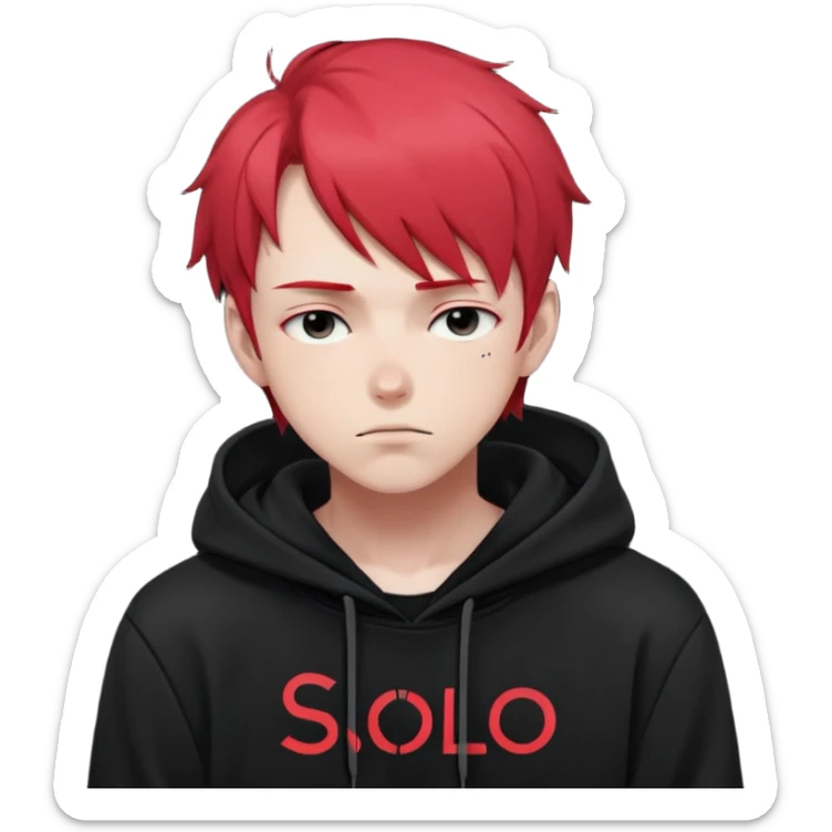 "Sleepy-faced anime man with short neon red hair, wearing a black hoodie with 'SOLO' written on it, dark moody monochrome tone" sticker