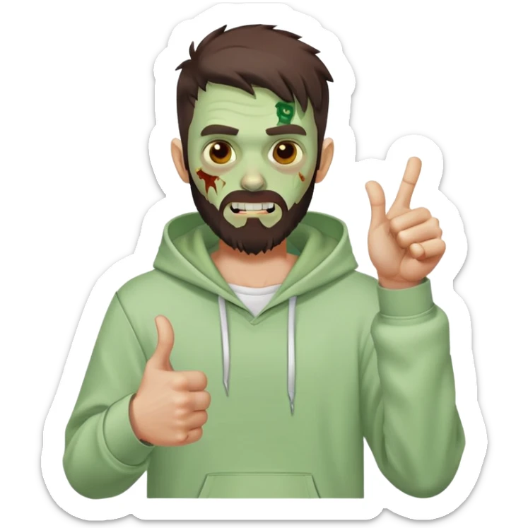 zombie with thumbs up gesture, undercut hairstyle with dark brown hair, short full beard, wearing plain white hoodie sticker