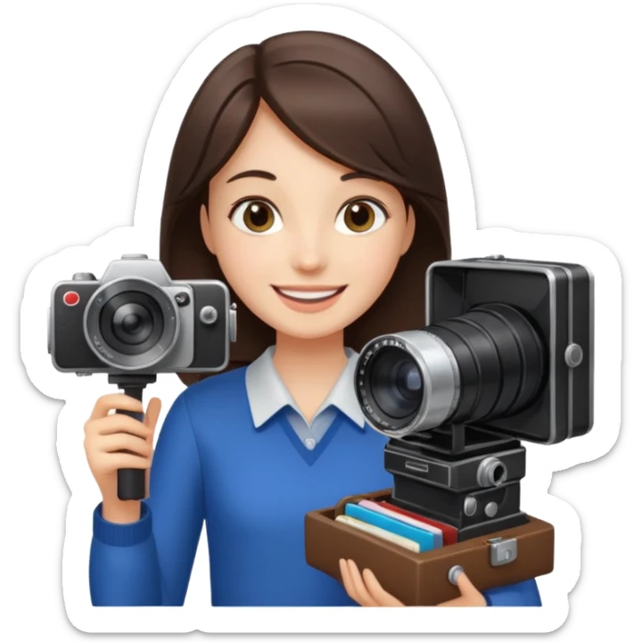 A brunette girl , she’s a proud and successful filmmaker 🍿🌍✨ she’s next to a tall, set camera, / holding awards  sticker