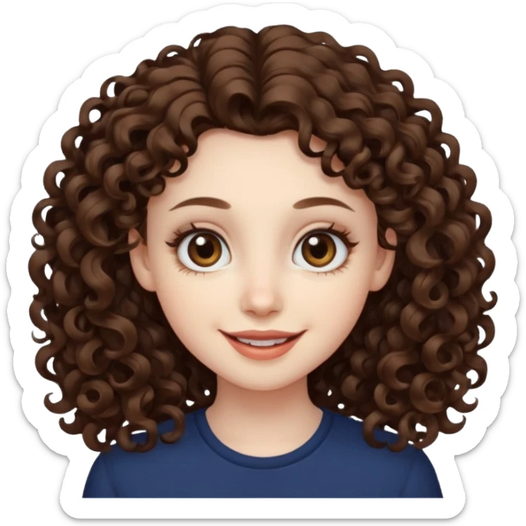 Light brown eyed female with pale skin. She has big eyes, curly and long dark brown hair and thin lips smiling. sticker