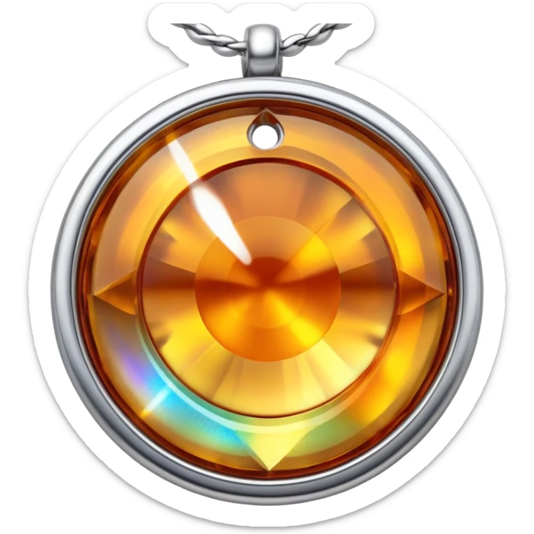 extreme close up of a round cut holographic amber charm with silver metal accent and rope chain sticker
