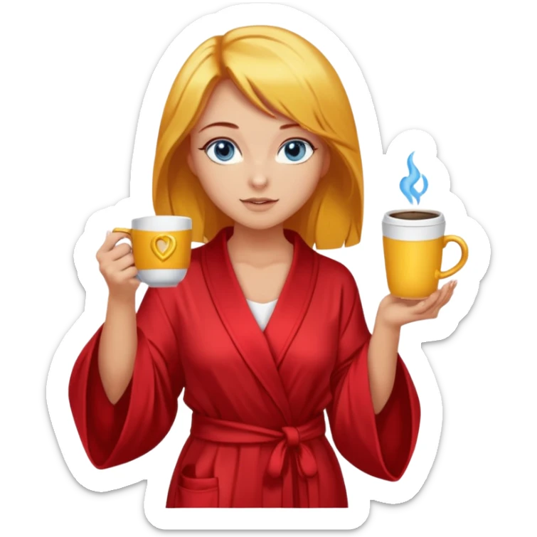 lightly tanned skin, blue eyes, cute and sexy girl with bright yellow-brown hair in a few shades of red robe, golden rings, slight cute makeup, full body, slightly turned aside pose, holding a coffee mug sticker