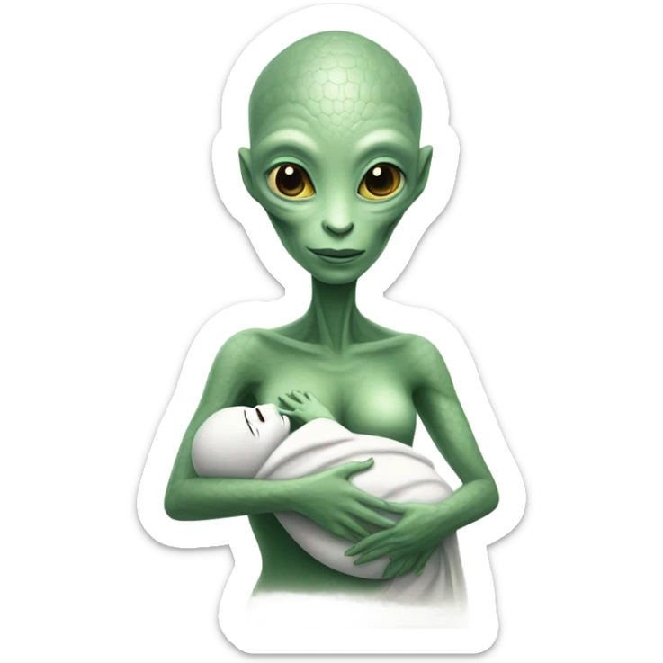  Reptilian alien woman , full body,  holds a newborn white humman baby sticker