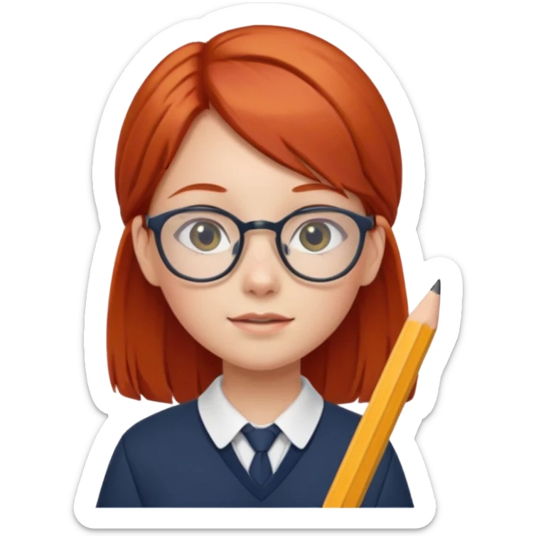 red long hair girl kid with glasses → holding a pencil with school uniform sticker