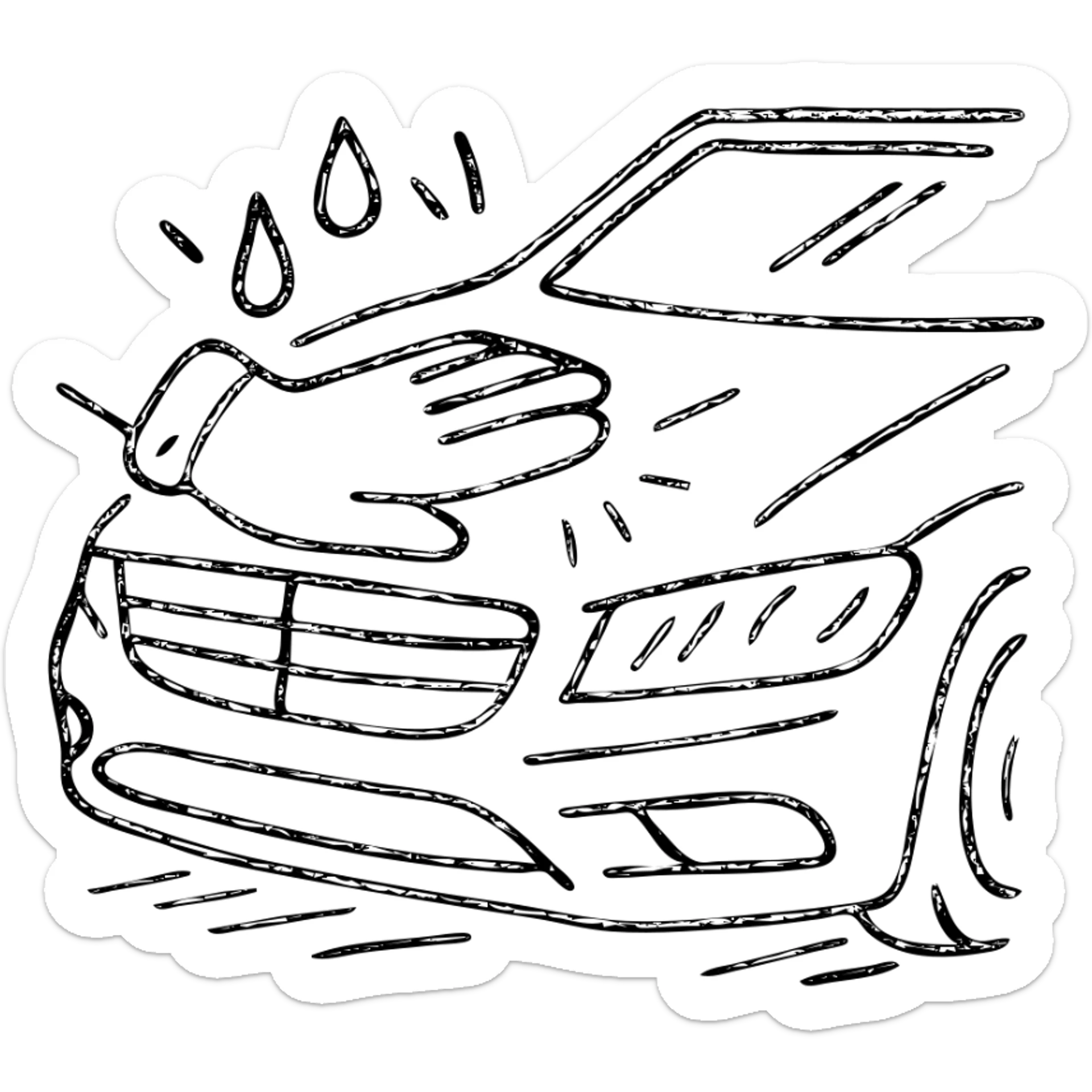hand-drawn outlined icon of a gloved hand on the hood of a high-end car, drops or shine, black and white details, soft motion lines, clean and modern sticker