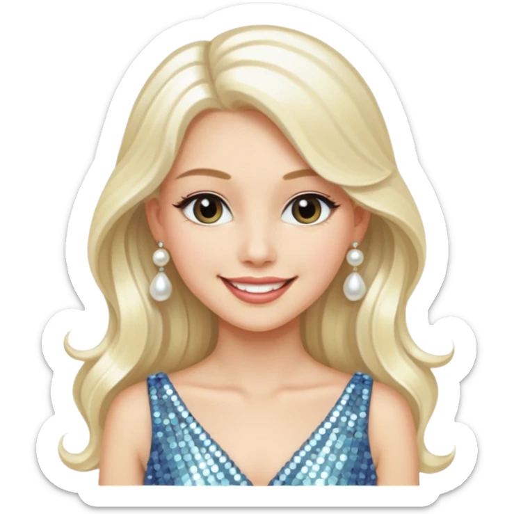 emoji of a young elegant lady, long platinum blonde hair, wearing a sequin dress and pearl drop earrings, graceful smile sticker